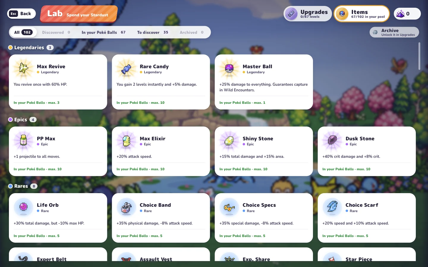 PokeBonk Lab item catalog with legendary, epic and rare item descriptions and stack limits