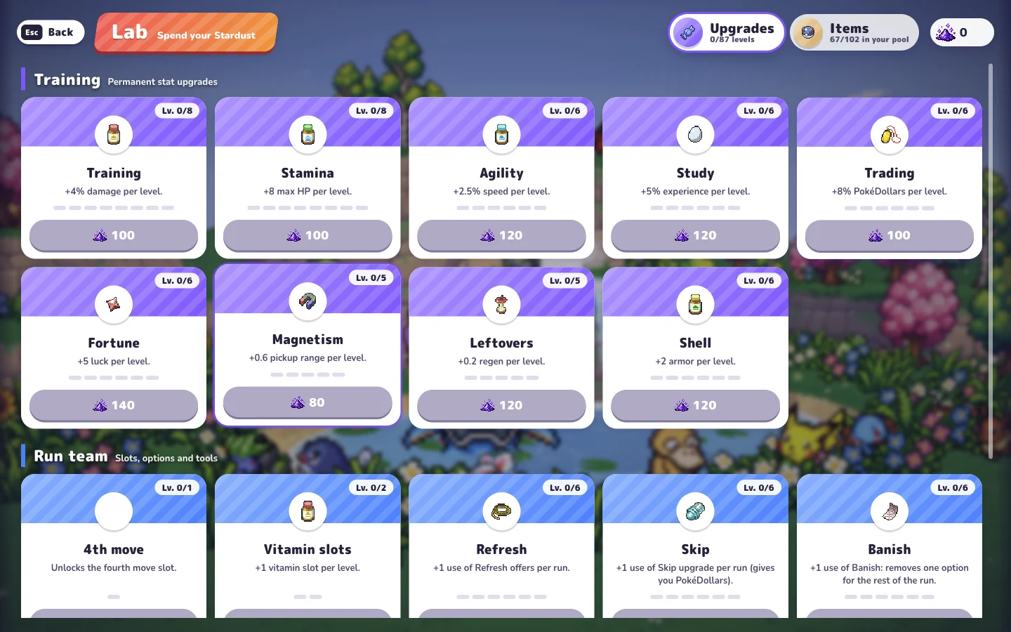 The original PokeBonk Lab showing permanent Training, Stamina, Agility and run-team upgrade cards