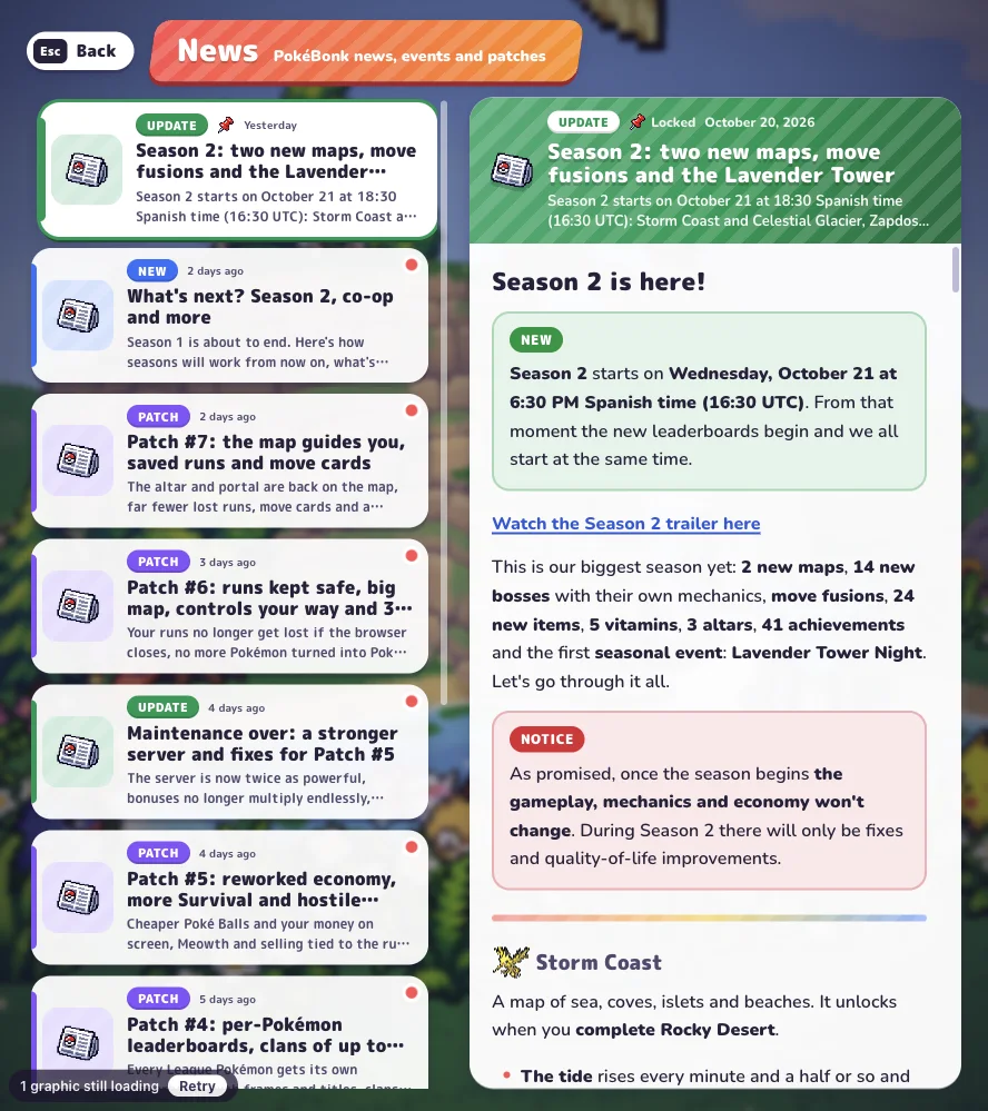 The original PokeBonk News panel with the Season 2 announcement, start time and new content overview