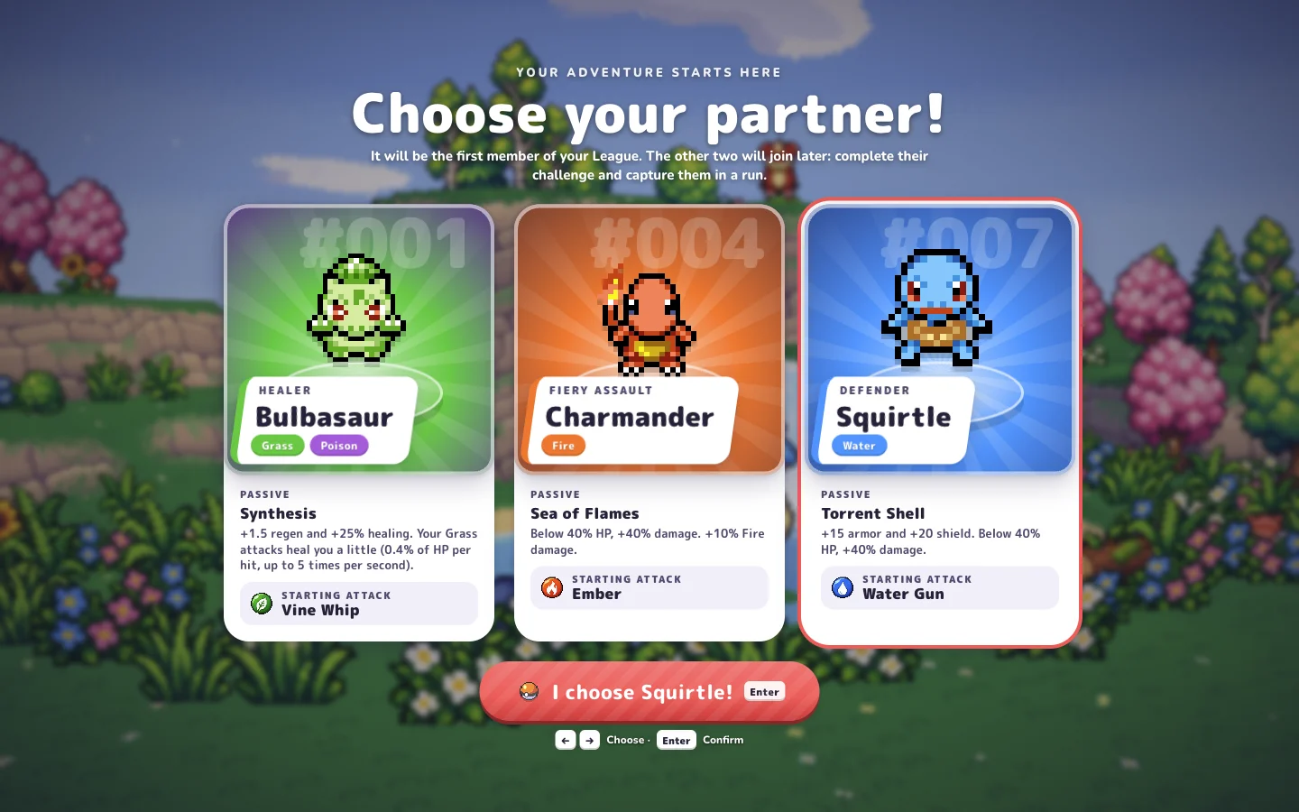Bulbasaur, Charmander, and Squirtle in the original partner selection